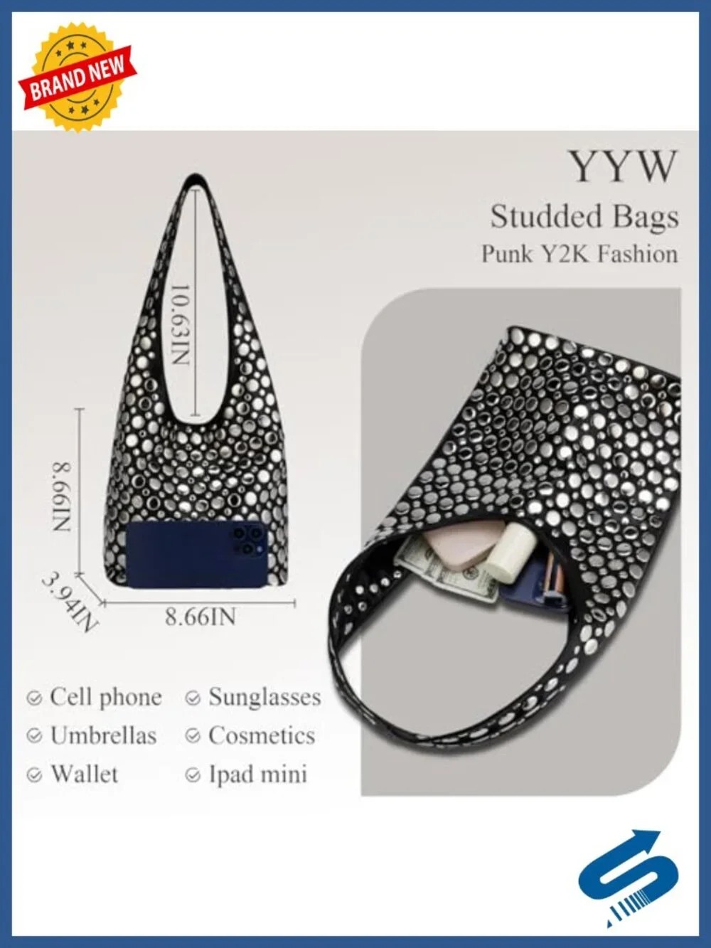 Studded Y2K Hobo Bag Faux Leather Punk Shoulder Purse Women Trendy Underarm Tote